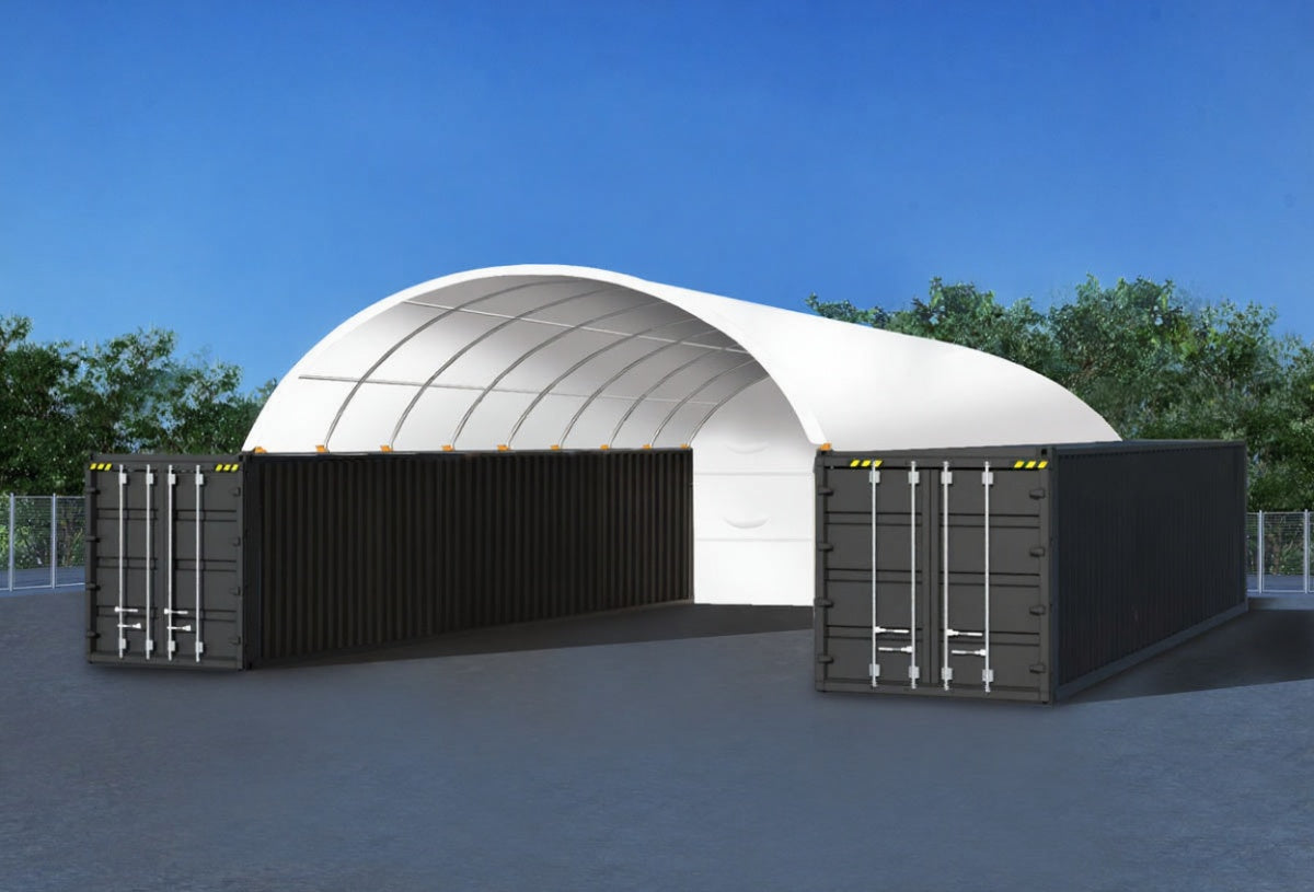 20ftx40ft (6mx12m) Shipping Container Dome Shelter w/ Semi-Permanent Back Wall