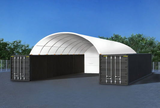 20ftx40ft (6mx12m) Shipping Container Dome Shelter w/ Semi-Permanent Back Wall