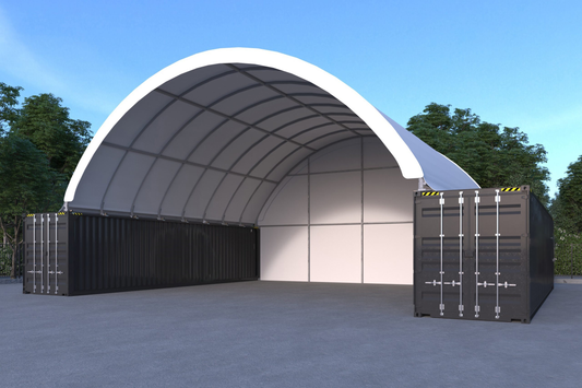 40ftx40ft (12mx12m) Shipping Container Dome Shelter w/ Back Wall